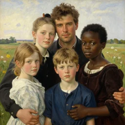 family, colin farrell and ruth negga and kids in open fields, art by anders zorn, detailed faces, micro detail, wonderful masterpiece by greg rutkowski, beautiful cinematic light, american romanticism thomas lawrence, greg rutkowski