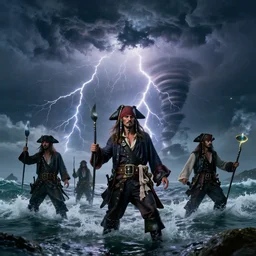pirate people at sea, big storm with lightnings and tornado, trending on artstation