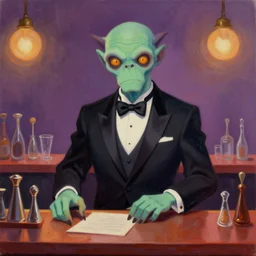 Wendigo in a tuxedo suit as a barista in a bar, digital art, illustration, oil on canvas, trending on Artstation