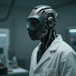 a rugged half - masked laboratory researcher man with cybernetic enhancements as seen from a distance, scifi character portrait by greg rutkowski, esuthio, craig mullins, 1 / 4 headshot, cinematic lighting, dystopian scifi gear, gloomy, profile picture, mechanical, cyborg, half robot, implants, dieselpunk