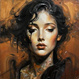 abstract art with swirly black liquid acrylic paint and beautiful female face, beautiful color composition, warm colors, black details, sculpture, dark mood