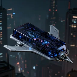 Rectangular dark glass and plastic flying sci-fi vehicle in a dark and moody futuristic city in the style of Bladerunner and Tron, designed by f-117, x-wing, octane render, product shot