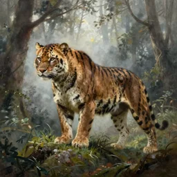 a large predator in a misty forest, extremely detailed oil painting, rhads, sargent and leyendecker, savrasov levitan polenov, bruce pennington, studio ghibli, tim hildebrandt, digital art, landscape painting, trending on artstation, masterpiece