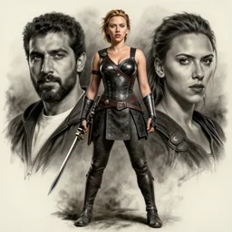 husam wleed and frank frazetta charcoal portrait of scarlett johansson warrior, full body, 8 k, realistic, photo real, smooth, sharp, intricate detail, hyper detail, dramatic lighting, dramatic shading