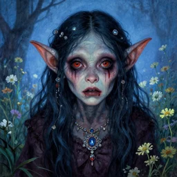 a pretty but sinister and creepy goblin in layers of fear, with haunted eyes, violence in her eyes, 1 9 7 0 s, seventies, delicate embellishments, a little blood, kingaroy, blue dawn light shining on wildflowers, painterly, offset printing technique, by walter popp, alexandre cabanel