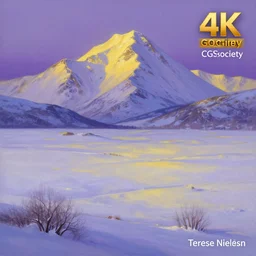 A professional digital landscape painting of a vast wintery tundra with peaking mountains in the background, painted by Terese Nielsen, 4k, digital art, trending on cgsociety, highly detailed, upper body shot, shallow depth of field, purple and yellow lighting, professional lighting, airbrush,