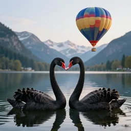photo of two black swans touching heads in a beautiful reflective mountain lake, a colorful hot air balloon is flying above the swans, hot air balloon, intricate, 8k highly professionally detailed, HDR, CGsociety