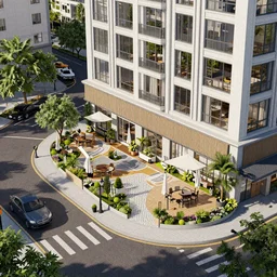 a street in a city, highly detailed, octance render, leisure area in the middle of the building, 8 k rendering