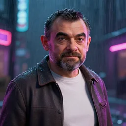 a mr bean portrait, rain, neon, beautiful, rendered in octane, unreal engine, cinematic