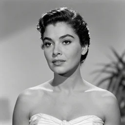the image is a lost hollywood film still photograph of in this image, is a black and white photograph of a beautiful mexican actress from the 1 9 5 0 s. she is standing in front of a brick wall with her arms crossed. she is wearing a black dress with a white collar and a white scarf. her dark hair is pulled back from her face and she is looking straight at the camera