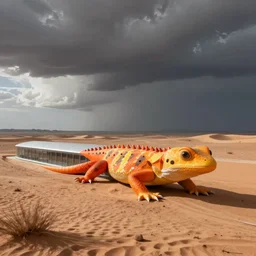 archdaily architectural photography of a fun long building that looks like an orange and yellow lizard in the middle of a desert by norman foster