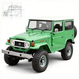 detailed specific architect blueprint of a green toyota fj 4 3