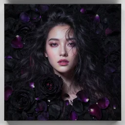 the goddess of flowers, peter mohrbacher, hyper realistic, octane render, stardust atmosphere, black and purple rose petals, realistic hair, high quality printing, fine art with subtle redshift rendering