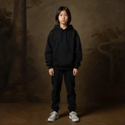 portrait of an asian - american long black haired boy teenager with a black playstation hoodie, full body, renaissance painting, ultra detailed, high resolution, masterpiece