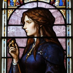 side - view portrait of yennefer of vengerberg, from gwent, tenth century stained glass window, very masterful