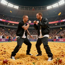 eminem rap battling in a stadium filled with spaghetti in real life, 8 k, 4 k uhd, realistic, hyper realistic, super detailed, very detailed, detailed