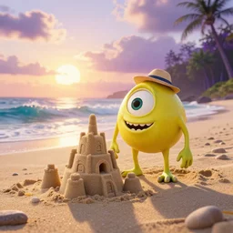 3 d render, of anthropomorphic lemon character that looks like a monster from the movie monsters inc, with lemon skin texture, he is wearing a hat, building a sandcastle on the beach at sunset, beach, huge waves, sun, clouds, long violet and green trees, rim light, cinematic photography, professional, sand, sandcastle, volumetric lightening