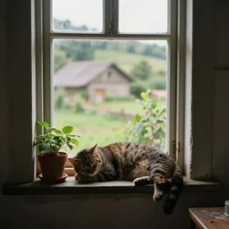 sleeping cat on window, inside house in village, plants, sun, orphism style