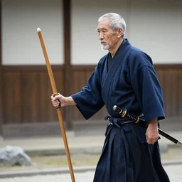 old man with a katana walking stick