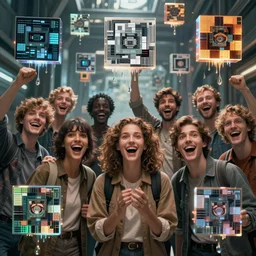 cinematic shot epic group happy humans, hyper realistic, mood lighting, fantasy, detailed flow of beautiful digital images, squares and rectangles floating graphics, dripping light drops, supercomputers text to images, beautiful random images, highly detailed, super realistic, perfect lighting pixel sorting, style sheet