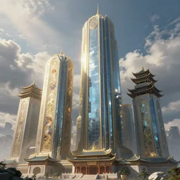 futuristic architecture design, tall towers combining traditional chinese and western elements made by obsidian, reflection under the sunlight, cinematic clouds, god rays, intricate, elegant, highly detailed, digital painting, artstation, smooth, sharp focus, illustration, art by artgerm and greg rutkowski and alphonse mucha