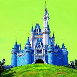 a photorealistic photo of a blue castle on a neon green hill.