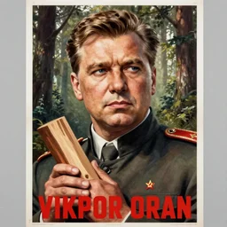 soviet propaganda poster of viktor orban in a forest, highly detailed face, holding a wood piece, 1 9 5 0 s