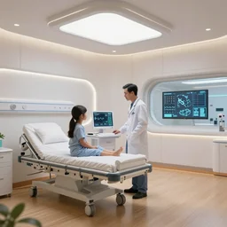 The zen environment of a hospital room of the future, in a futuristic spaceship, with calming bright lights and a welcoming wooden floor, a doctor and her patient look at a computer screen showing medical graphs
