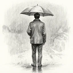 a drawn man standing in the rain. pencil sketch.