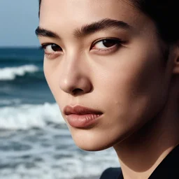 close up of face of a fashion model at the ocean, rough waves, dramatic, editorial by annie leibovitz, highly detailed