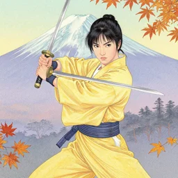 breathtaking detailed pattern pastel colors, action scene from kill bill, with uma thurman ( kill bill ) in yellow kimono, swinging katana sword and autumn leaves, fuji, by hsiao - ron cheng, exquisite detail, enhanced eye detail