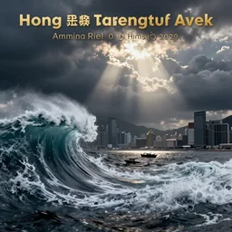 a tsunami wave hits Hong Kong island, digital art