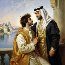 attractive arab king confesses his love for his attractive male prince, in balcony of palace, above river. highly detailed painting by gaston bussiere, craig mullins, j. c. leyendecker