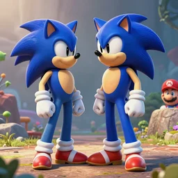 sonic the hedghehog in buldging jeans talking to blushing mario in the style of archie comics