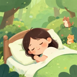 a beautiful illustration of a little cute girl on her bed dreaming about a beautiful green forest with cute animals, detailed face, beautiful colors, digital art