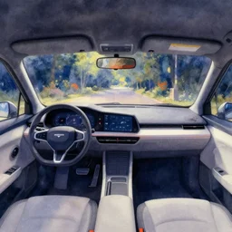 watercolor, first person pov of car interior at night with clean dashboard and front window by monet, futuristic 2 0 8 4 car interior concept art, impressionist watercolor by syd mead, cinematic lighting