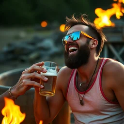 trevor philips wearing a tank top, reflective sunglasses, drinking beer, laughing at his mate being on fire, high quality, very detailed, a beautiful photo, national geographic quality