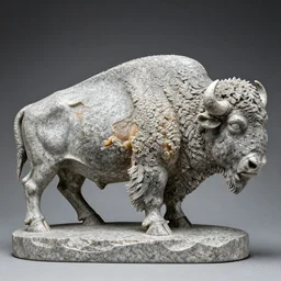 a perfect photograph of an exquisitely fine carved granite bison. hollowed, filled with fat and gristle.