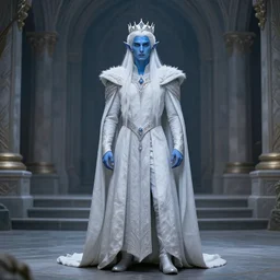 the prince of frost standing alone in his court, single person, archfey, full - body portrait, fantasy, white hair, blue skin, wild eyebrows, young adult, elf, crown, hard edges, soft lighting, professional lighting, trending on artstation