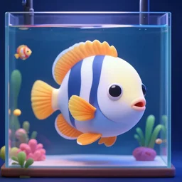 3D render of a cute tropical fish in an aquarium on a dark blue background, digital art