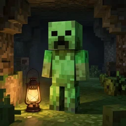realistic minecraft creeper in dark cave illuminated by oil lantern