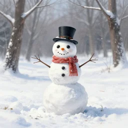 whimsical snowman in a snowy landscape with trees by greg rutkowsk, android jones