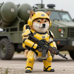 anthropomorphic shiba inu, wearing from game stalker freedom yellow exoskeleton armor without helmet, with rifle in hands, standing near himars missile system