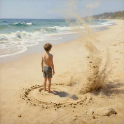 a full shot of a little man made of sand, standing on a beach, slowly eroding due to wind, intricate details, digital art by franz kafka, deviantart contest winner, fantasy art, oil on canvas