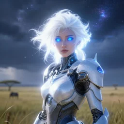 photo of a beautiful savanah storm on a mothership, android, warframe armor, pretty face, scifi, futuristic, galaxy, raytracing, dreamy, perfect, aura of light, pure, white hair, blue cyborg eyes, glow, insanely detailed, artstation, innocent look, art by gauthier leblanc, kazuya takahashi, huifeng huang