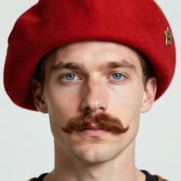 Clean Shaven Caucasian European Man with blue eyes and brown curly mustache wearing a red musketeer hat which is red and has a single feather on it. D&D Character Head and Shoulders Portrait. EPIC RPG Digital Artwork. 4K. Detailed Drawing. Trending on Artstation. Red hat.