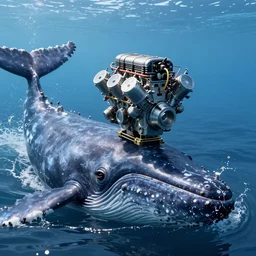 photograph of a small v 8 engine on the head of a massive cachalot whale, eight - cylinder piston engine in the head of a cachalot in the ocean, a cachalot whale, long shot, in the style of cyberpunk, fantastic