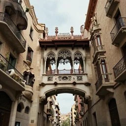 barcelona in 1 9 1 8, street view, looking up, retrofuturism, steampunk, gothic quarter, modernist buildings, art deco, footbridges between houses, steam pipes, hyper detailed,