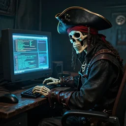 a cyberpunk hacker pirate captain skeleton with a pirate hat sitting in front of a crt monitor programming in a dark room, light coming from crt monitor, highly detailed, intricate, digital art, trending on artstation, trending on cgsociety