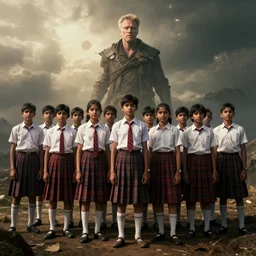 kerala school boys wearing girls dresses posing for a photo, an epic fantasy, dramatic lighting, cinematic, establishing shot, extremely high detail, photorealistic, cinematic lighting, artstation, matte painting by christopher nolan, horizon forbidden west